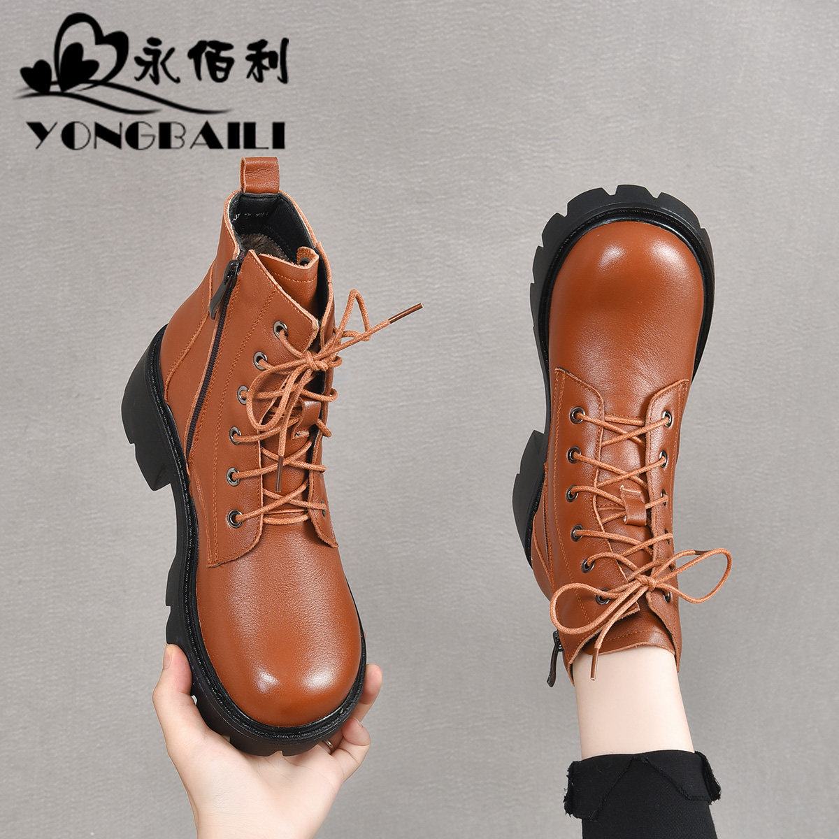 厚底高跟马丁靴女2026秋冬新款真皮圆头粗跟短靴增高松糕女靴女鞋