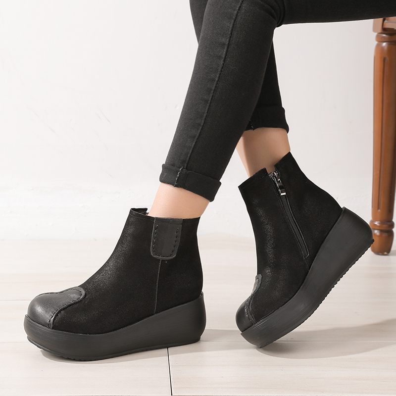 复古风加绒保暖皮鞋圆头时装靴