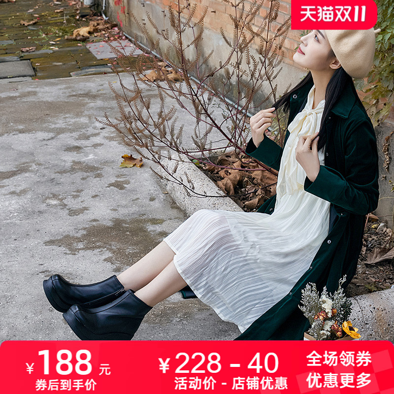 新款坡跟松糕底牛皮休闲圆头女靴