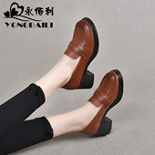 女2025春季 新款 圆头粗跟高跟牛皮深口单鞋 复古真皮乐福鞋 女小皮鞋