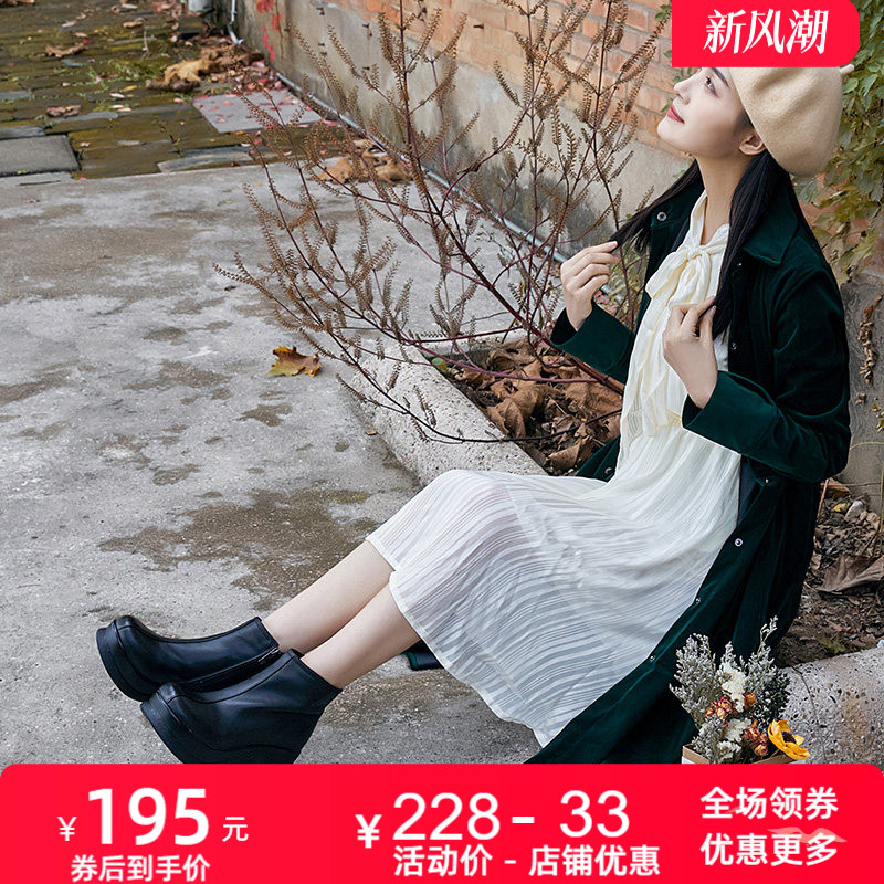 新款坡跟松糕底牛皮休闲圆头女靴