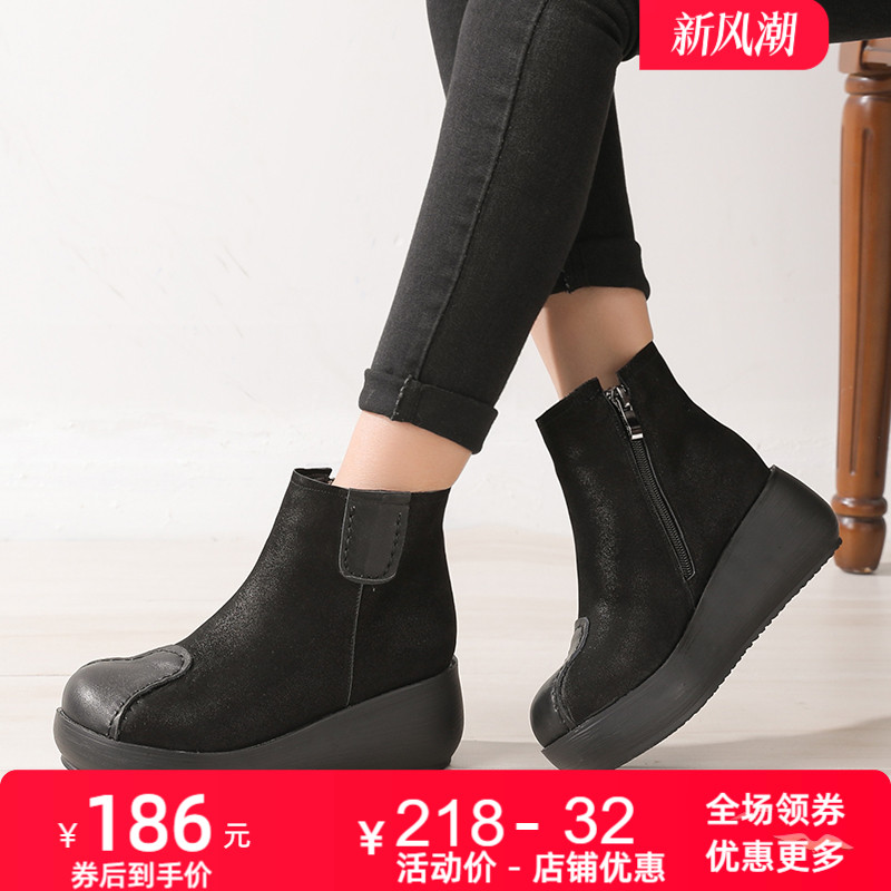 复古风加绒保暖皮鞋圆头时装靴