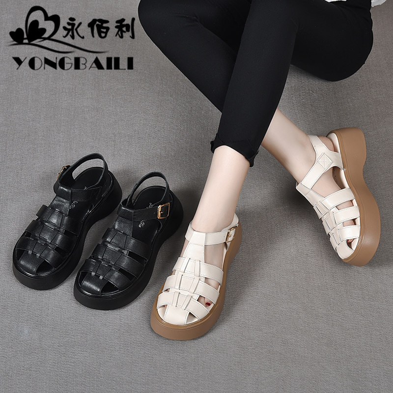 包头罗马凉鞋女夏季新款夏平底真皮软底百搭厚底编织猪笼女鞋女士