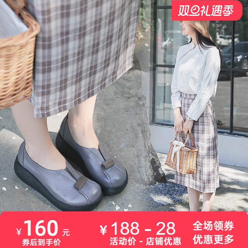 2025春季新款牛皮单鞋女厚底特色松糕鞋舒适圆头休闲皮鞋子女鞋