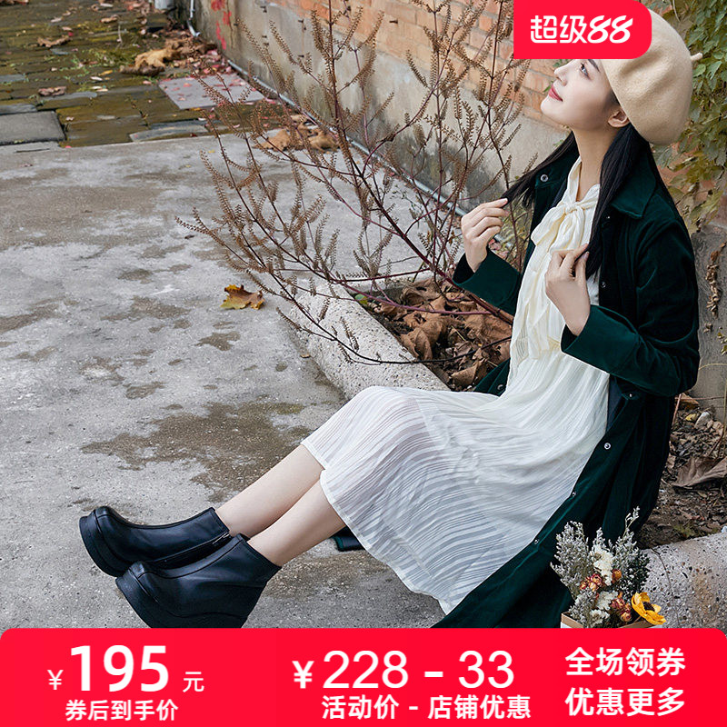新款坡跟松糕底牛皮休闲圆头女靴