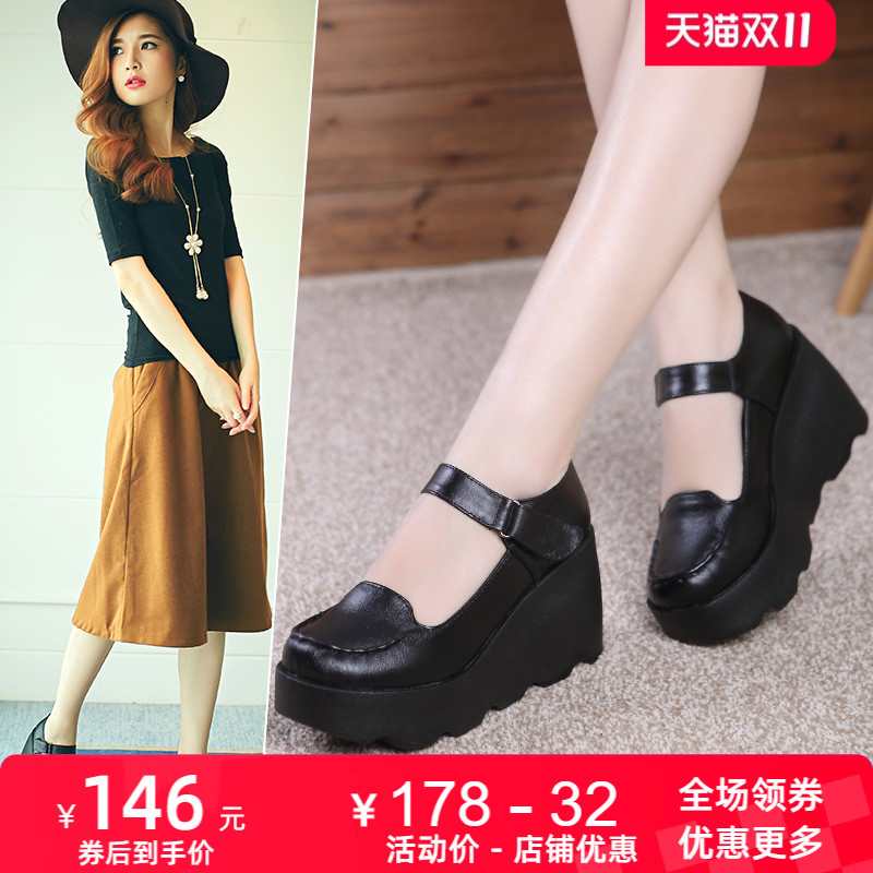 厚底春秋新款牛皮舒适坡跟女鞋