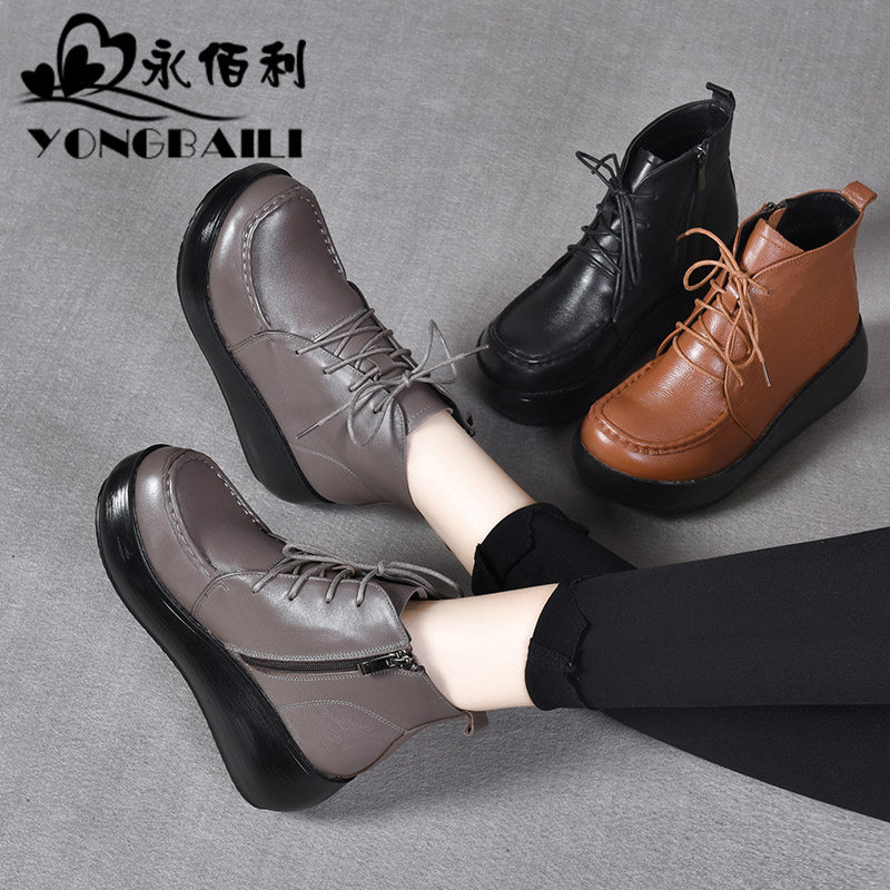 厚底高跟休闲女鞋2026秋冬新款原创系带头层牛皮短靴女靴子皮鞋