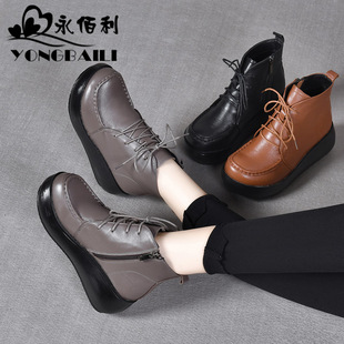 厚底高跟休闲女鞋2026秋冬新款原创系带头层牛皮短靴女靴子皮鞋