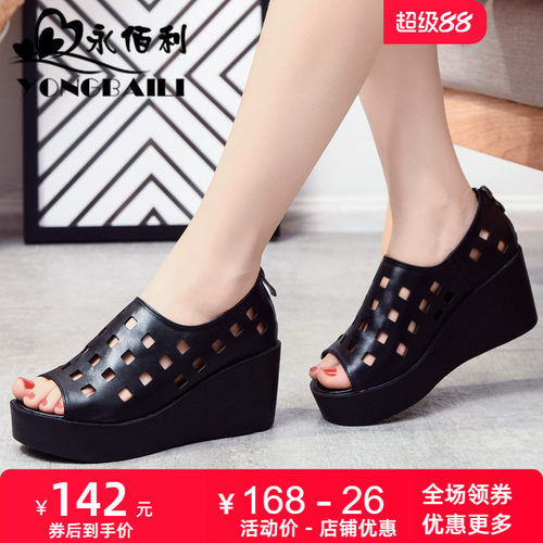 真皮罗马凉鞋夏新款高跟松糕