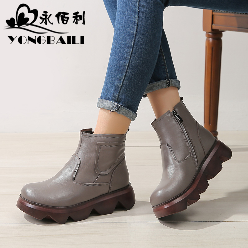 松糕加绒保暖厚底防水台皮鞋短靴