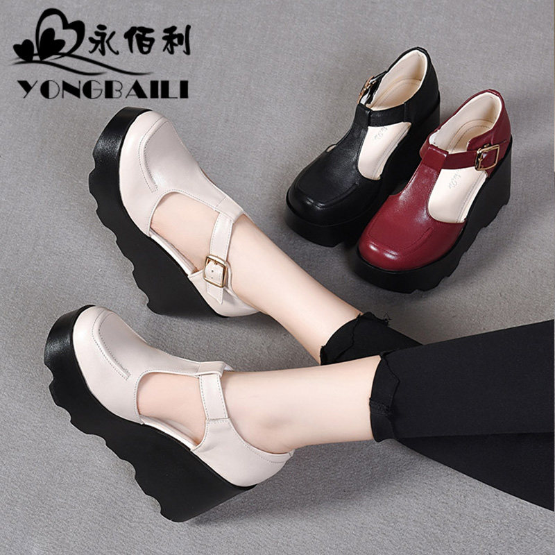 高跟厚底坡跟包头中空凉鞋2025夏新款真皮圆头休闲舒适女鞋皮鞋