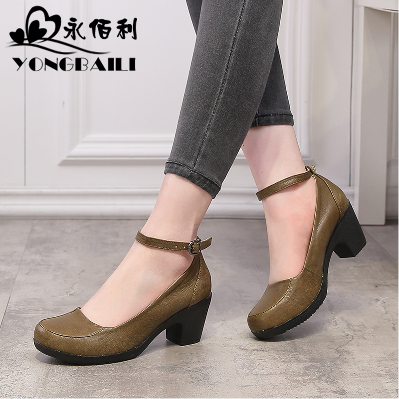 新品原创羊皮高粗跟浅口休闲鞋