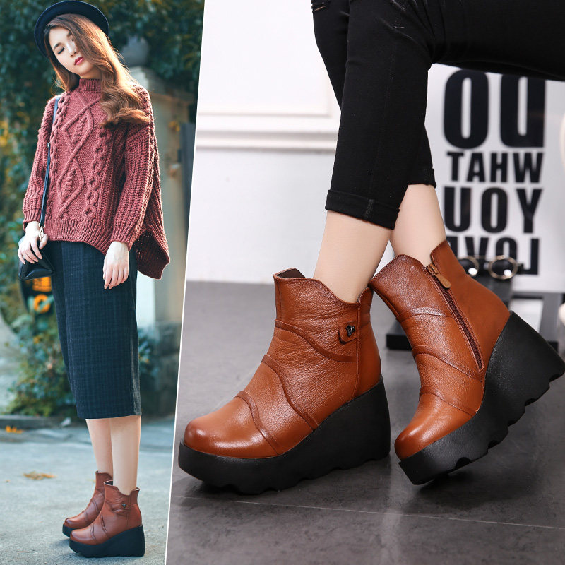 2025秋冬新款高跟女短靴松糕厚底马丁靴潮女短靴坡跟真皮女鞋皮鞋