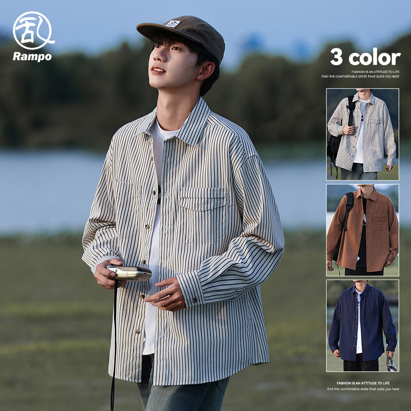 竖条纹衬衫男长袖潮ins宽松百搭