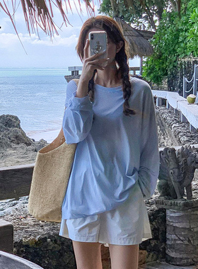 2025年秋季新品简约百搭天蓝色索罗娜长袖T恤男女慵懒风重磅上衣