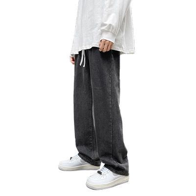 宽松牛仔裤松紧腰阔腿裤