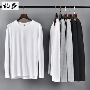 打底衫 纯色长袖 宽松圆领内搭白色上衣服体恤男士 纯棉春季 t恤男款