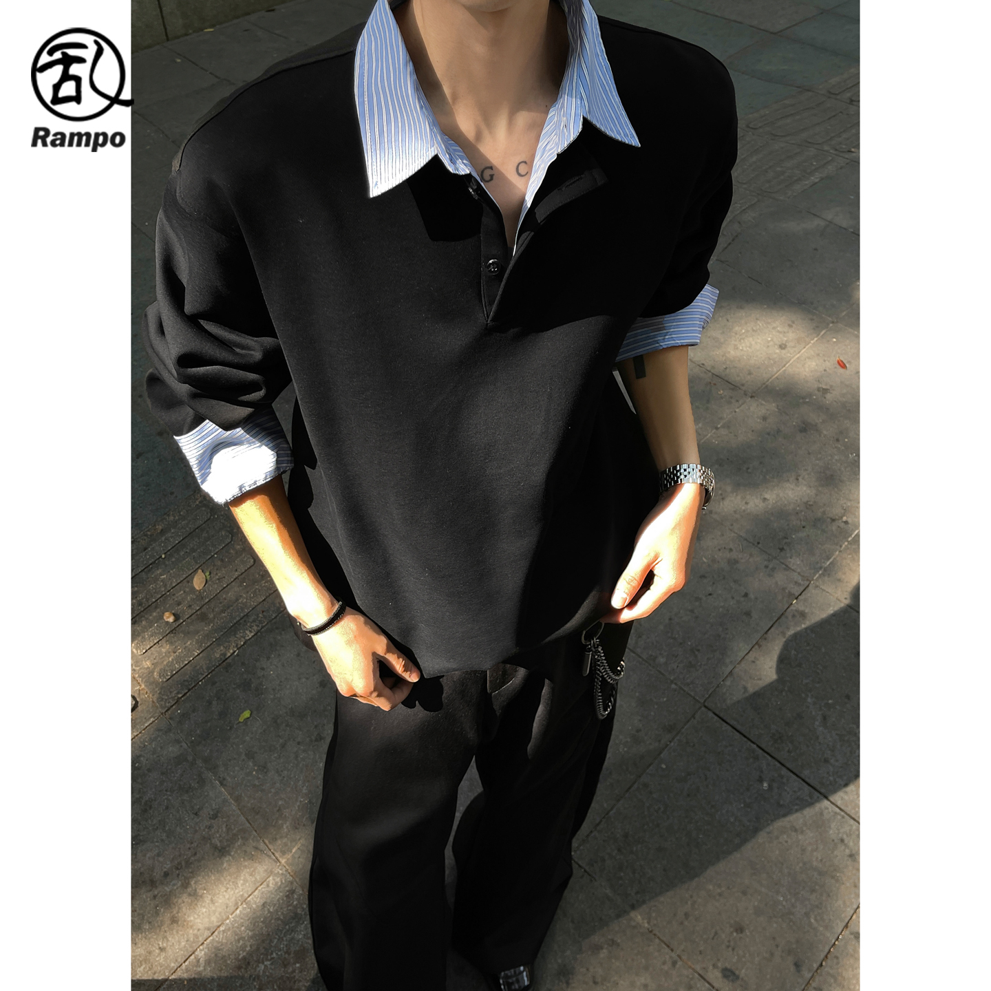 假两件衬衫领卫衣男款条纹拼接