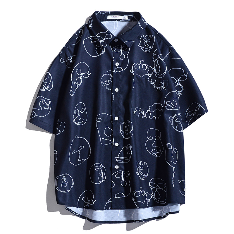 日系复古满印沙滩衬衫男生薄款