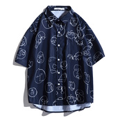 休闲衬衣小众设计感宽松五分袖 日系复古满印沙滩衬衫 男生薄款 外套