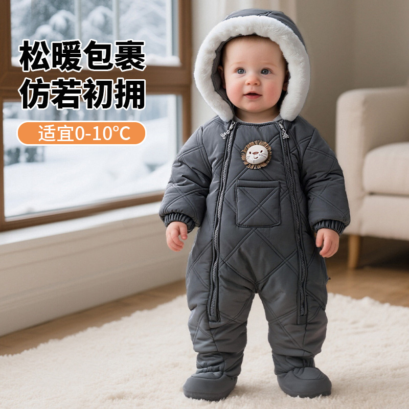 哇哇婴儿羽绒服冬季棉服宝宝连体衣连帽加厚绒外出服包脚拉链抱衣