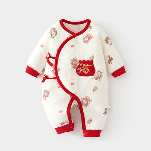 哇哇新生婴儿衣服加厚满月宝宝夹棉连体衣棉服冬装哈衣过年拜年服