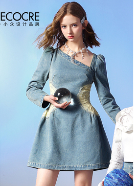 茬客【失落之境】设计感蓝色牛仔连衣裙春气质感港风复古时尚裙子