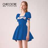 茬客法式 方领蓝色裙子女 泡泡袖 连衣裙2025夏季 甜美立体花朵分体式