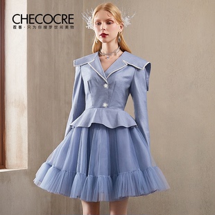 茬客海军风连衣裙女2021春季 气质假两件设计感网纱蓬蓬短裙子 新款