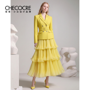 个性 西装 套装 茬客 新款 黄 裙2025秋季 领钻饰上衣纱裙 梵高