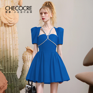 茬客蓝色小礼服裙夏新款 连衣裙 钉珠气质简约优雅收腰泡泡袖