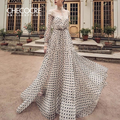 茬客法式波点网纱礼服长裙