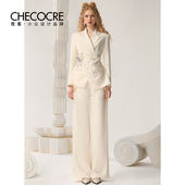 茬客气质通勤西服套装 女 外套阔腿裤 2025秋季 蝴蝶结钻饰不规则西装