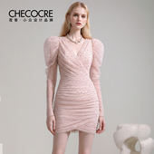 粉雾 浪漫甜美风裙2026年春季 新款 茬客 V领羊腿袖 烫钻抽褶