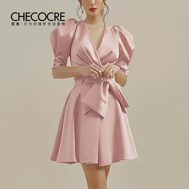 茬客小众交叉蝴蝶结泡泡袖连衣裙