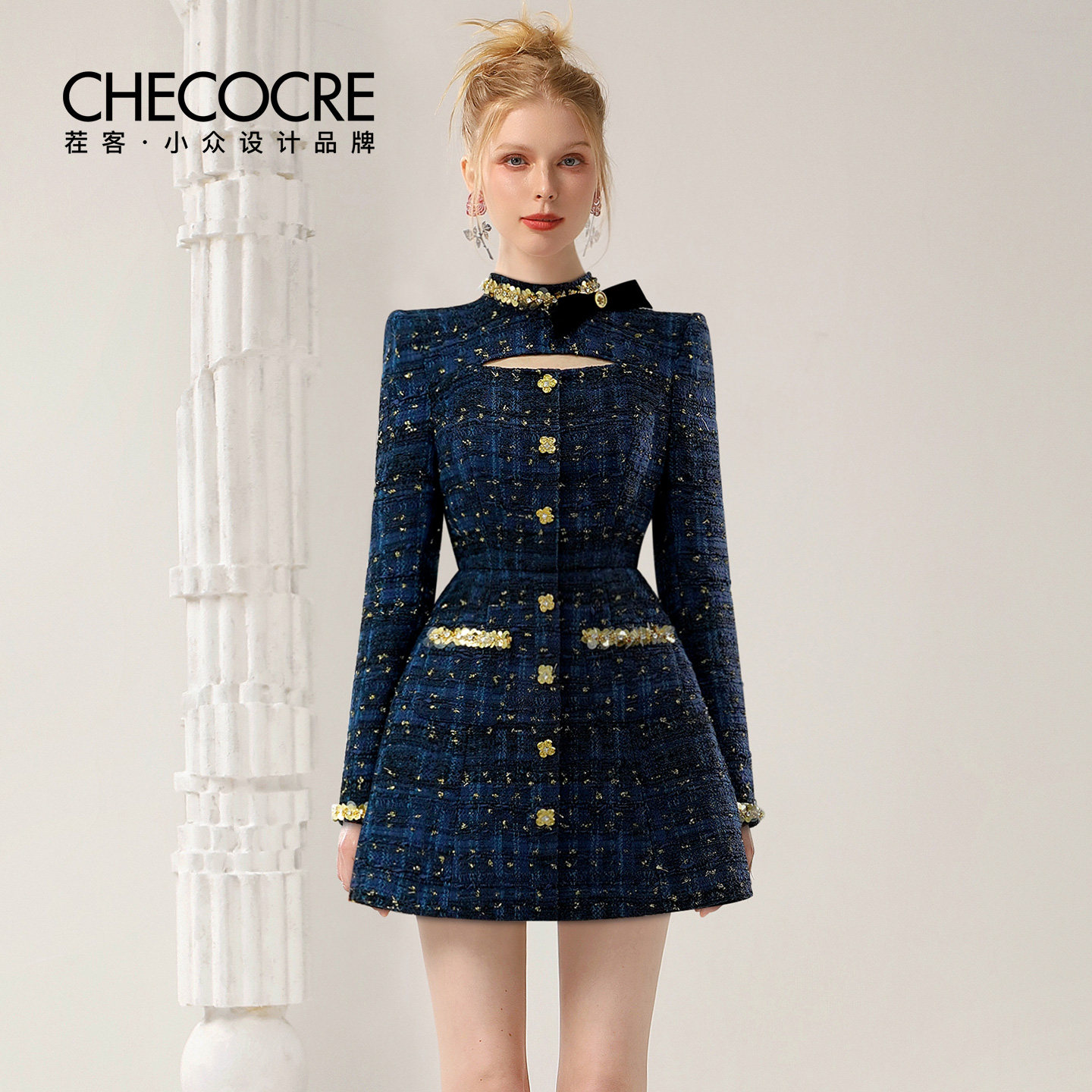 茬客高级感立领显高显瘦a字裙