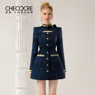 茬客法式气质优雅风连衣裙2025秋冬时尚感立领显高显瘦a字裙