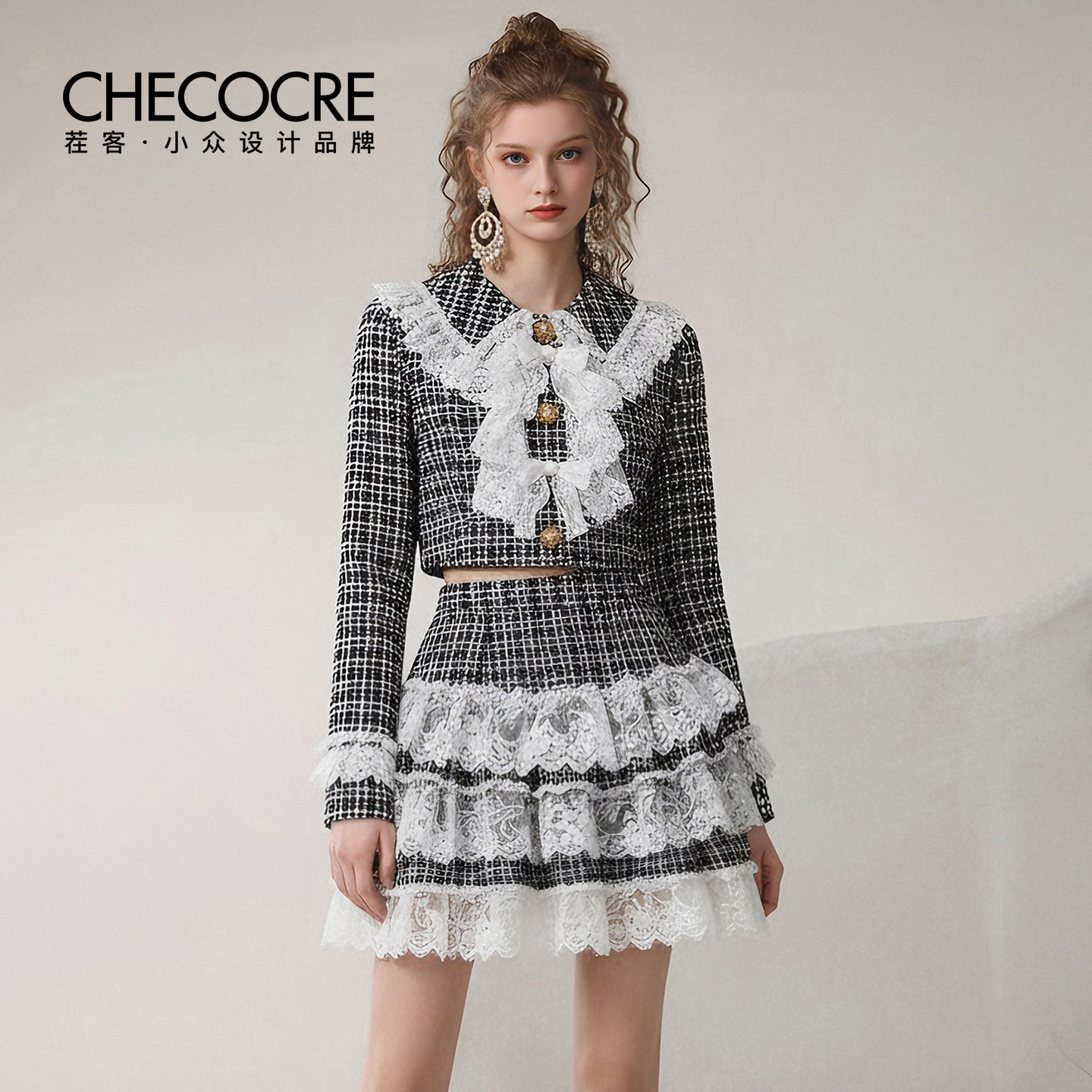 茬客娃娃领蝴蝶结上衣半裙