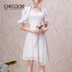 新款 温柔复古风连衣裙女2021夏季 不规则设计裙子 白色浪漫 茬客