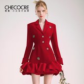 茬客钉钻红色连衣裙秋季 名媛气质优雅设计感年会敬酒礼服西装 裙女