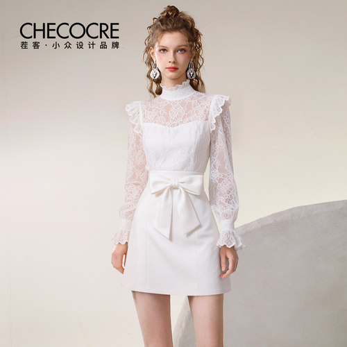 茬客立领蕾丝上衣蝴蝶结半裙