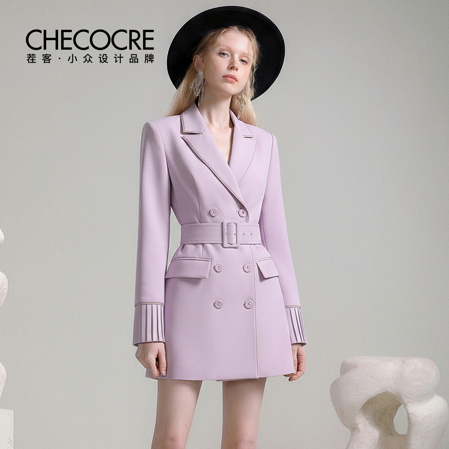 茬客西装领双排扣收腰短裙