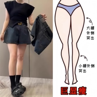 胖mm小个子高腰A字热裤 大码 新款 复古蓝阔腿牛仔短裤 女2025年夏季