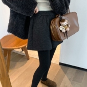 黑灰色高腰毛呢短裤 女小个子复古冬季 新款 大码 高腰显瘦百搭阔腿裤