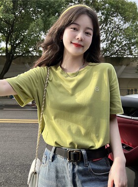夏季正肩短袖t恤女2026新款韩系绿色简约百搭基础款显瘦宽松0517r