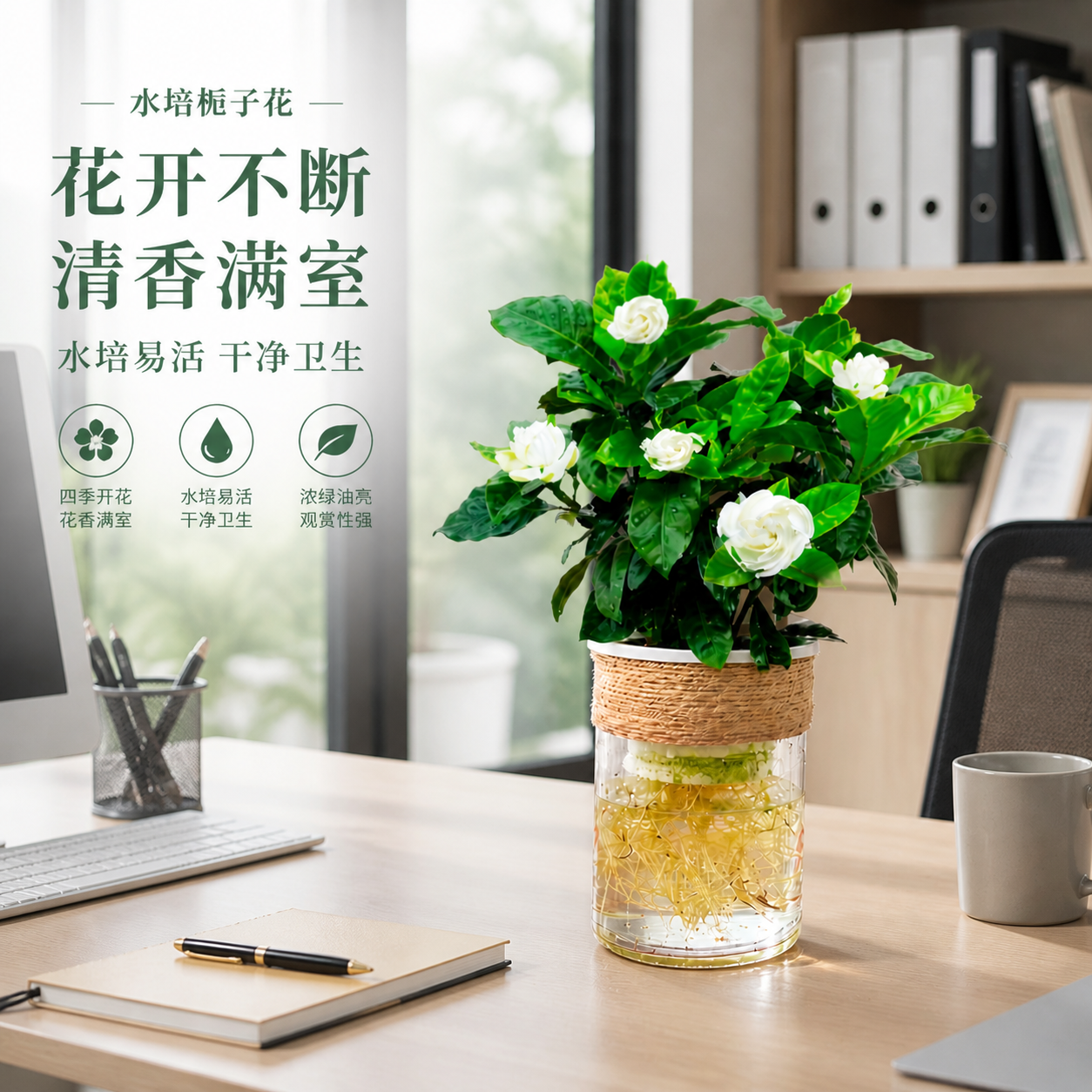 水培栀子花小盆栽室内开花卉绿植物带花苞水养办公室好养易活