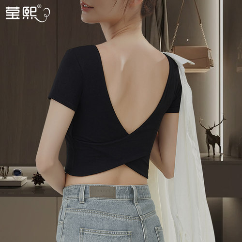 交叉露背短袖T恤女带胸垫