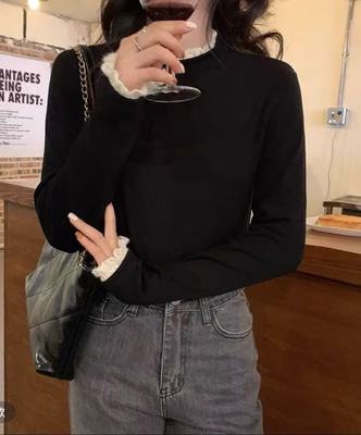 王炸9001软糯拜耳绒设计感蕾丝花边半高领保暖打底衫 修身显瘦