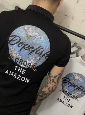 超火cec短袖T恤男2023新款夏复古仙鹤印花原宿风bf黑色Polo衫潮