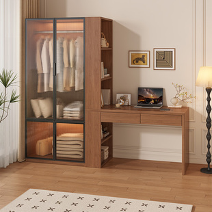 实木转角衣柜连书桌书柜一体靠墙组合学习桌小户型卧室拐角电脑桌